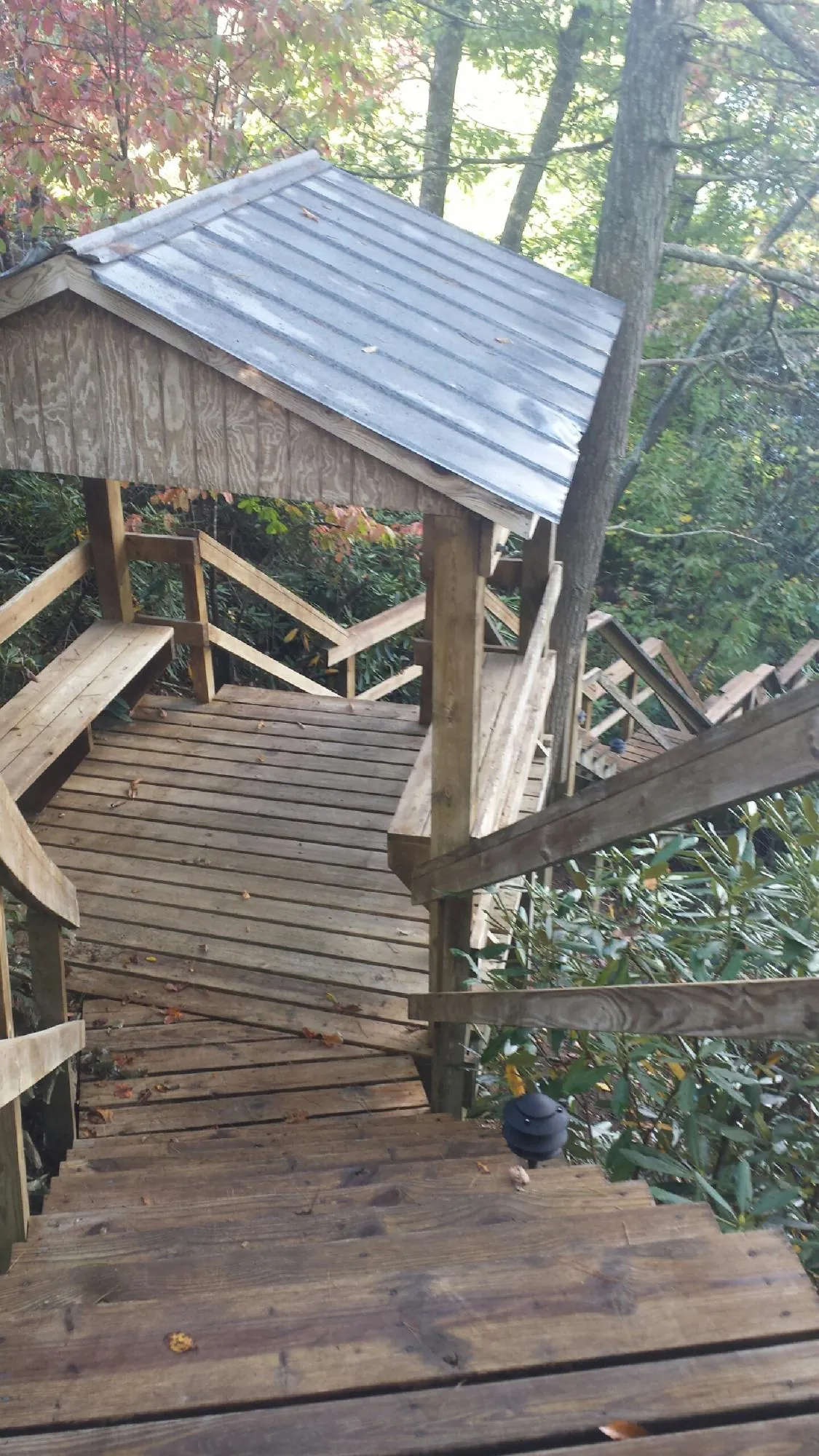 Metal roofed shelter over wooden steps on a wooded walkway — Skylight Repair & Installation work by our crew in Cawood